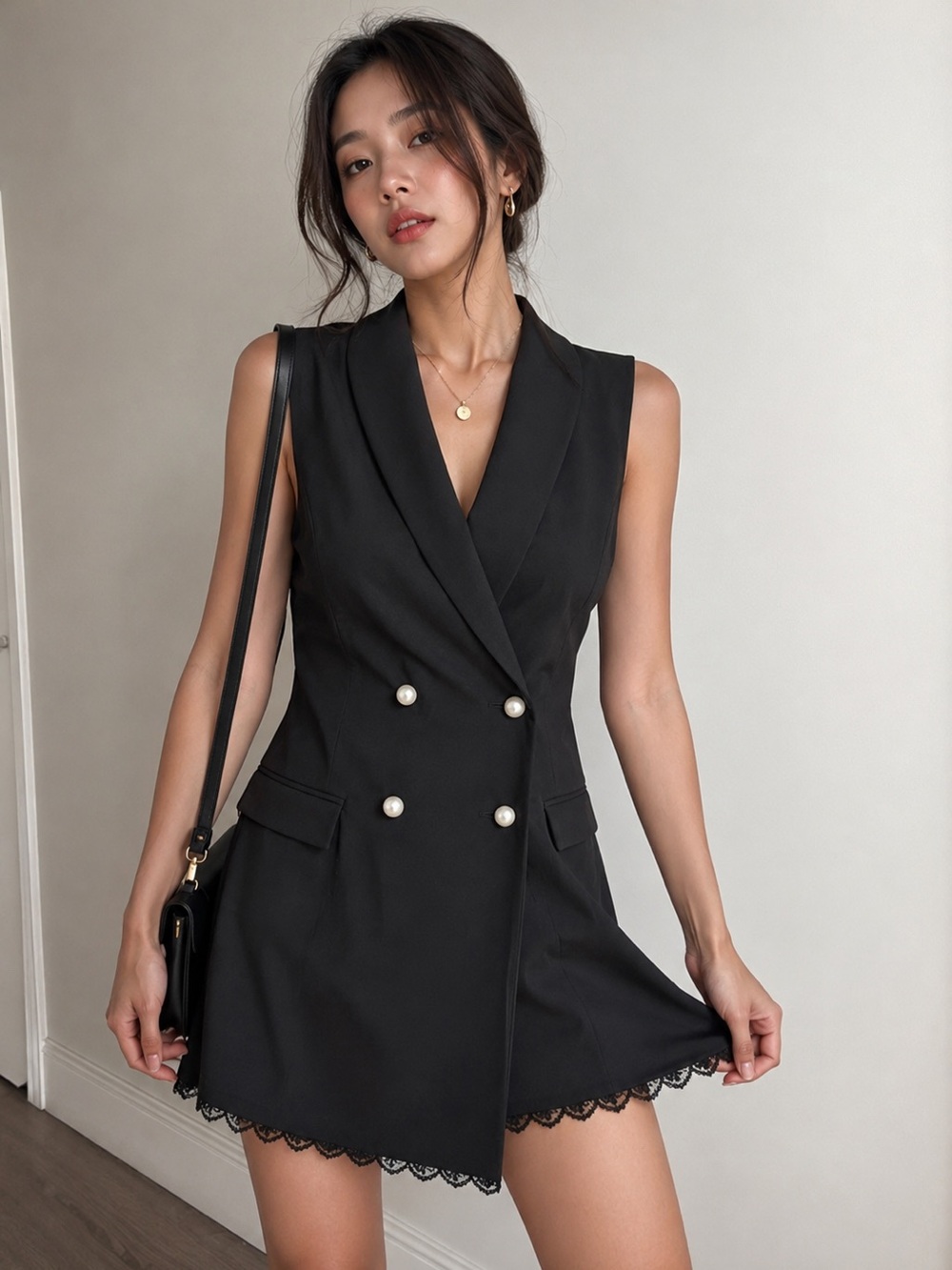 Zara Black Double-Breasted Sleeveless Romper with Pearl Buttons